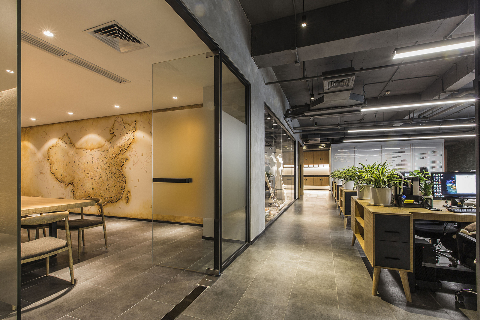 中式风格开放区域装饰设计效果图,中式风办公区装饰设计图